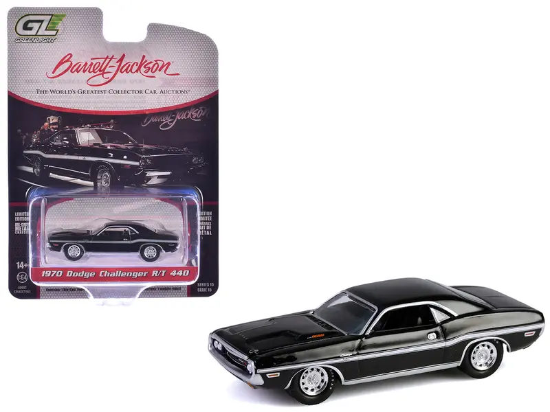 1970 Dodge Challenger R/T 440 Black With White Stripes "Barrett-Jackson" Series 15 1/64 Diecast Model Car By Greenlight 1