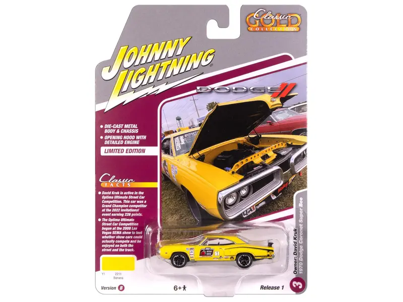 1970 Dodge Coronet Super Bee #1 "David Kruk" Banana Yellow With Black Stripes And Top "Classic Gold Collection" 1/64 Diecast Model Car By Johnny Lightning 1