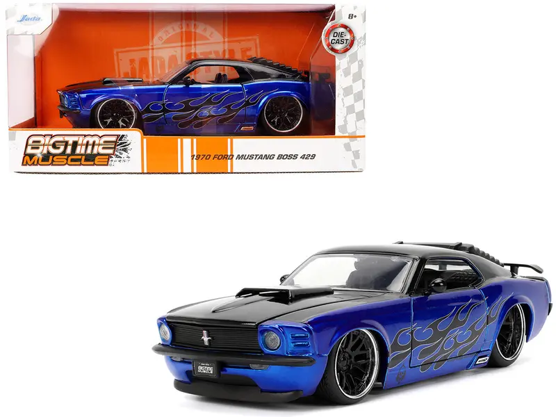 1970 Ford Mustang Boss 429 Black And Blue Metallic With Flames "Bigtime Muscle" Series 1/24 Diecast Model Car By Jada 1