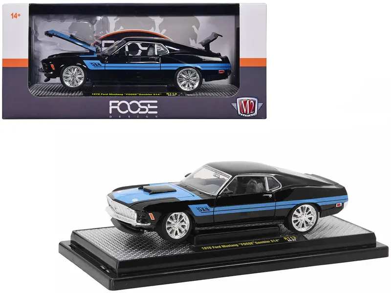 1970 Ford Mustang Gambler 514 Black With Blue Stripes "Foose" Limited Edition To 6650 Pieces Worldwide 1/24 Diecast Model Car By M2 Machines 1