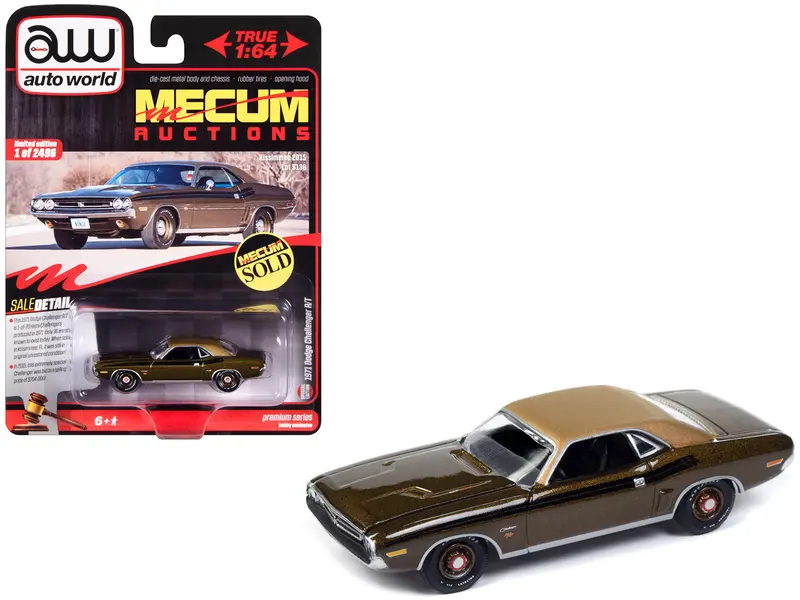 1971 Dodge Challenger R/T Dark Gold Metallic With Gold Vinyl Roof "Mecum Auctions" Limited Edition To 2496 Pieces Worldwide "Premium" Series 1/64 Diecast Model Car By Auto World 1