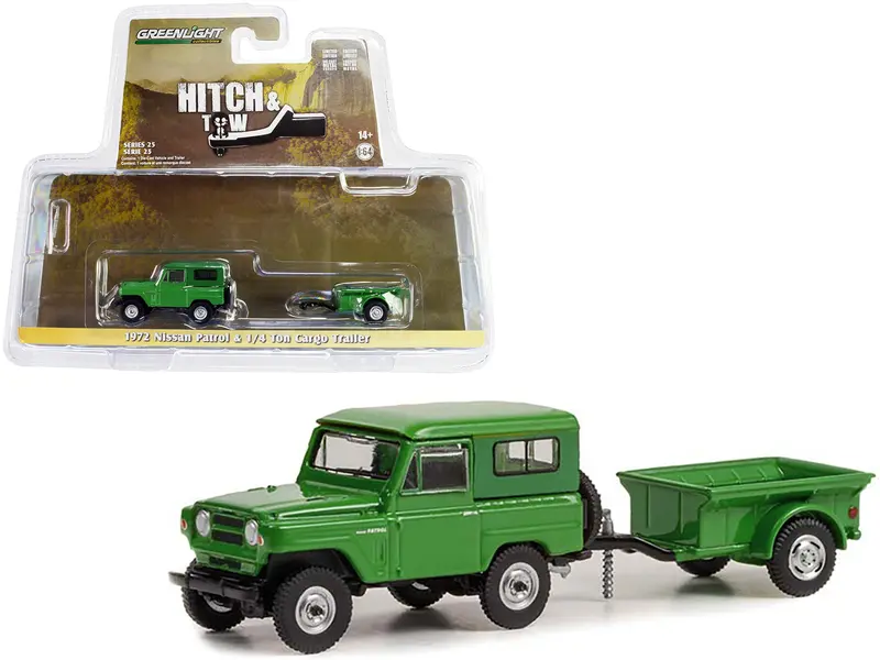 1972 Nissan Patrol Green With 1/4 Ton Cargo Trailer "Hitch & Tow" Series 25 1/64 Diecast Model Car By Greenlight 1