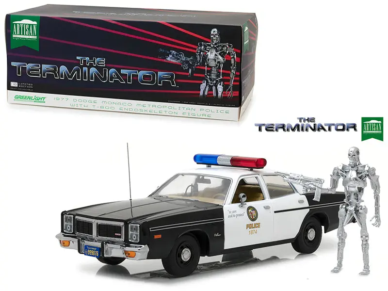1977 Dodge Monaco Metropolitan Police With T-800 Endoskeleton Figurine "The Terminator" (1984) Movie 1/18 Diecast Model Car By Greenlight 1