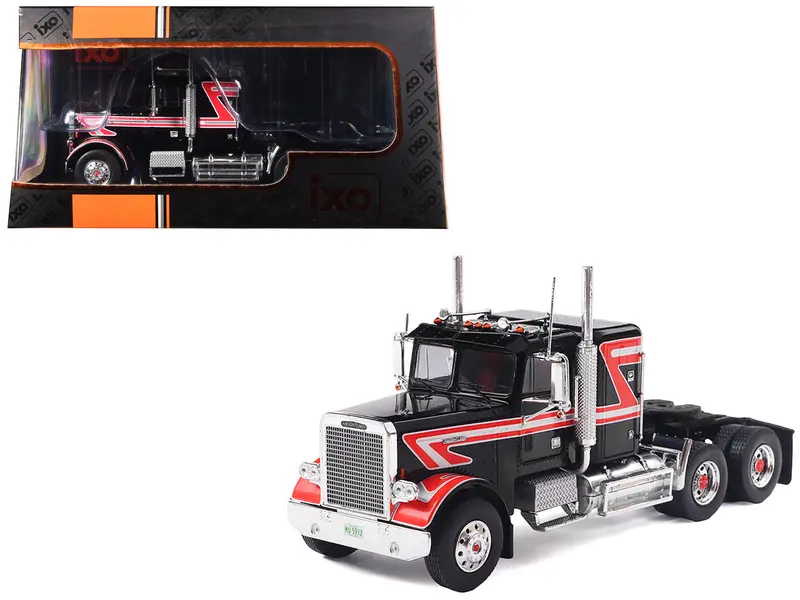 1977 Freightliner Flc 120 64 T Truck Tractor Black With Red And White Stripes 1/43 Diecast Model By Ixo Models 1