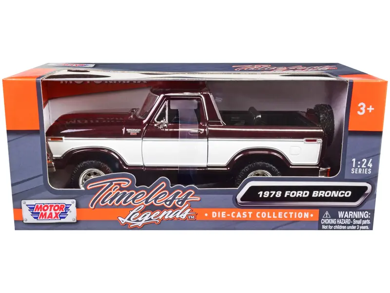1978 Ford Bronco Ranger Xlt (Open Top) With Spare Tire Burgundy Metallic And White "Timeless Legends" Series 1/24 Diecast Model Car By Motormax 1