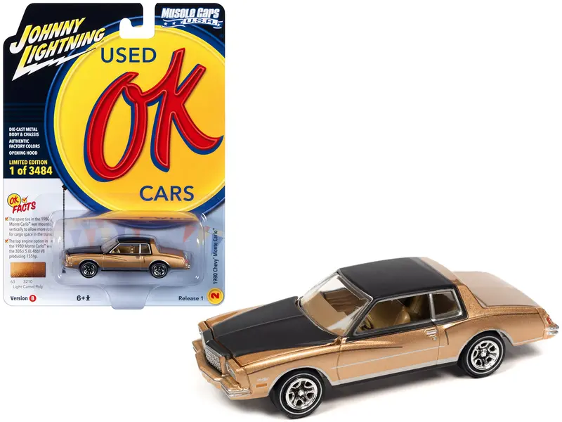 1980 Chevrolet Monte Carlo Light Camel Gold Metallic With Black Top And Hood Limited Edition To 3484 Pieces Worldwide "Ok Used Cars" 2023 Series 1/64 Diecast Model Car By Johnny Lightning 1