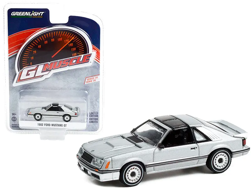 1982 Ford Mustang Gt 5.0 Silver Metallic With Black Stripes "Greenlight Muscle" Series 26 1/64 Diecast Model Car By Greenlight 1