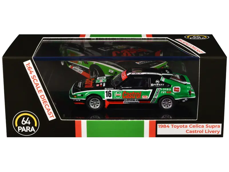 1984 Toyota Celica Supra #16 "Castrol Livery" Black And Green With Graphics 1/64 Diecast Model Car By Paragon Models 1