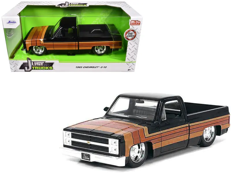 1985 Chevrolet C-10 Pickup Truck Black With Stripes And Gm Rally Wheels "Just Trucks" Series 1/24 Diecast Model Car By Jada 1