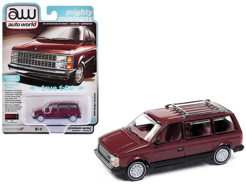 1985 Dodge Caravan Van Crimson Red And Black "Mighty Minivans" Series 1/64 Diecast Model Car By Auto World 1