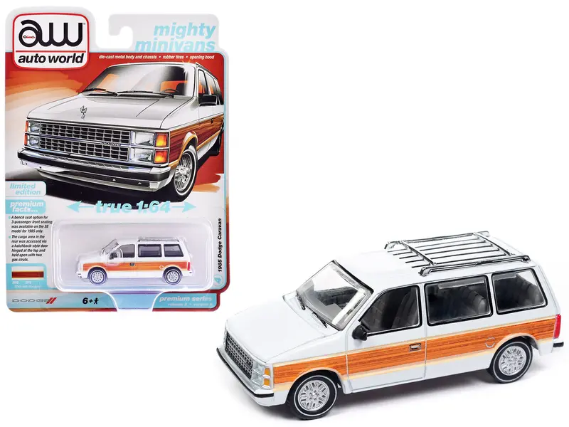 1985 Dodge Caravan Van White With Woodgrain Side Panels "Mighty Minivans" Series 1/64 Diecast Model Car By Auto World 1