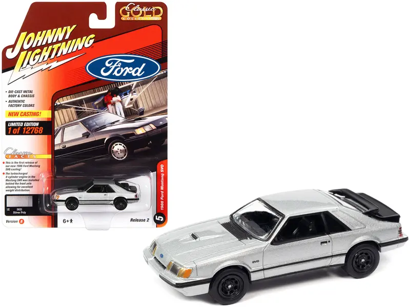 1986 Ford Mustang Svo Silver Metallic With Black Stripes "Classic Gold Collection" Series Limited Edition To 12768 Pieces Worldwide 1/64 Diecast Model Car By Johnny Lightning 1