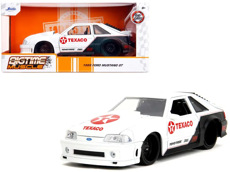 1989 Ford Mustang Gt "Texaco" White And Matt Black With Graphics "Bigtime Muscle" Series 1/24 Diecast Model Car By Jada 1