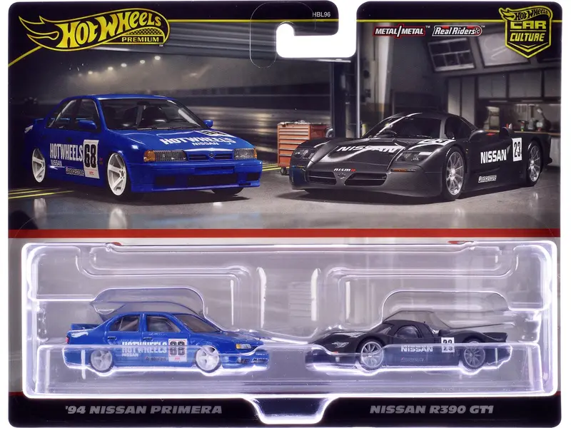 1994 Nissan Primera Rhd (Right Hand Drive) #68 Blue And Nissan R390 Gt1 #23 Matt Black "Car Culture" Set Of 2 Cars Diecast Model Cars By Hot Wheels 1