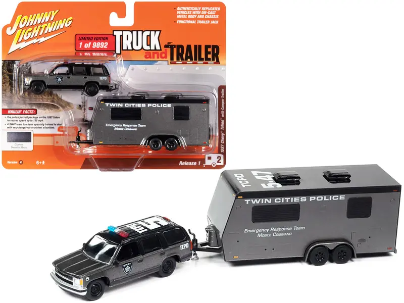 1997 Chevrolet Tahoe "Swat" Custom Gray Metallic And Black With "Twin Cities Police" Camper Trailer Limited Edition To 9892 Pieces Worldwide "Truck And Trailer" Series 1/64 Diecast Model Car By Johnny Lightning 1