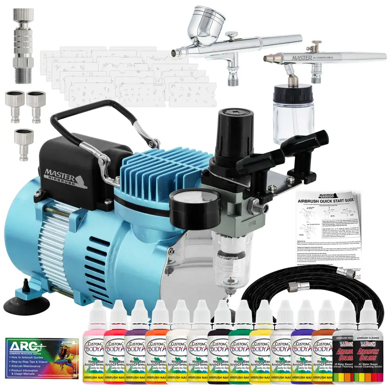 2 Airbrush Nail System Kit With 12 Paint Color Set, High Performance Single-Piston Airbrush Air Compressor 1