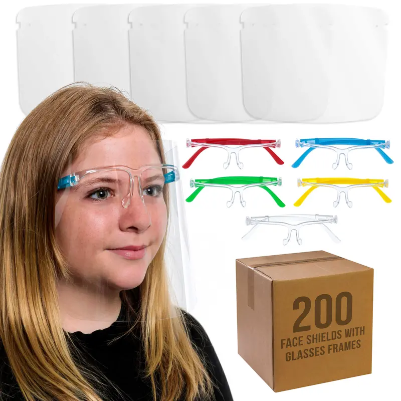200 Kids Face Shields With Glasses Frames (20 Packs Of 10) - 5 Colors, 40 Each - Protective Children's Full Face Shields - Anti-Fog Pet Plastic 1