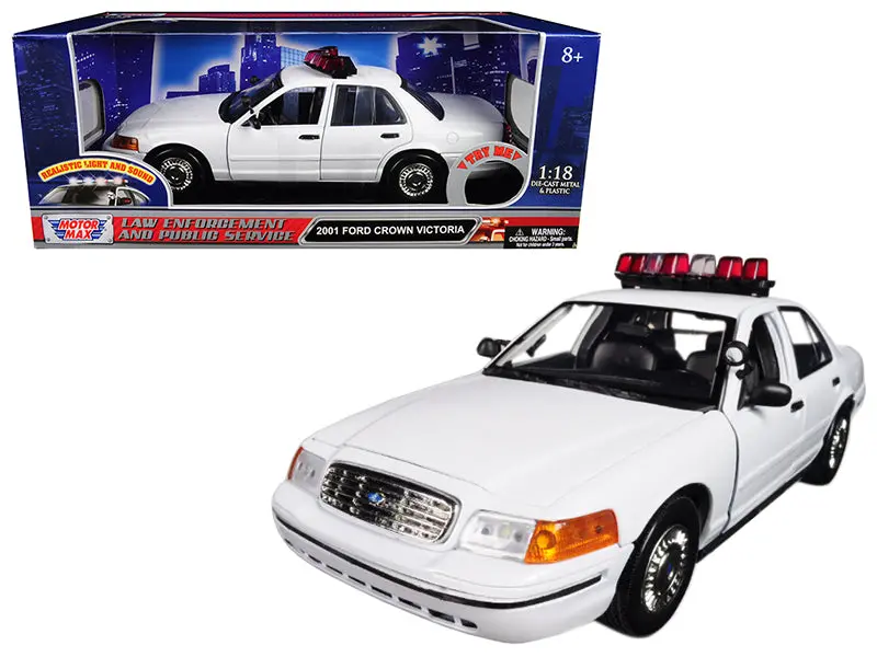 2001 Ford Crown Victoria Police Car Plain White With Flashing Light Bar And Front And Rear Lights And Sounds 1/18 Diecast Model Car By Motormax 1
