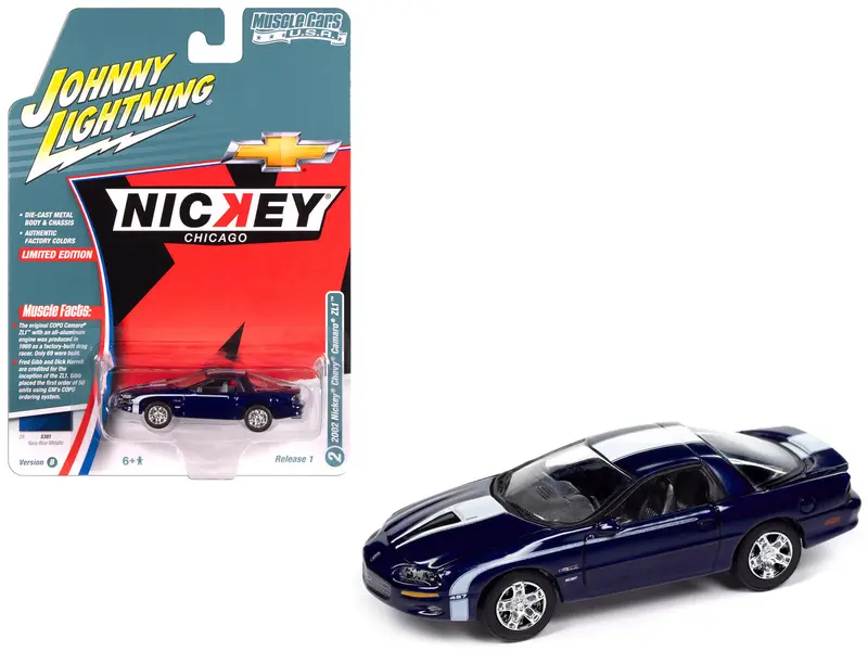 2002 Chevrolet Nickey Camaro Zl1 Navy Blue Metallic With White Stripes "Muscle Cars Usa" Series 1/64 Diecast Model Car By Johnny Lightning 1