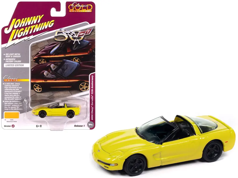 2003 Chevrolet Corvette Convertible "50Th Anniversary" Millennium Yellow "Classic Gold Collection" 1/64 Diecast Model Car By Johnny Lightning 1