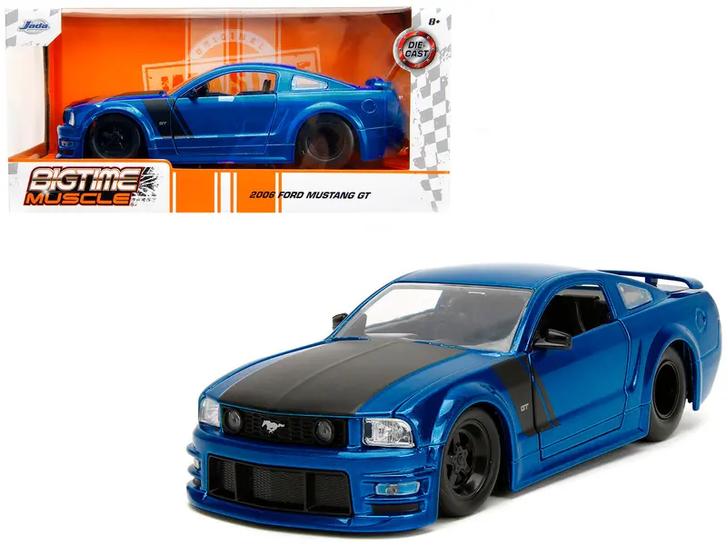 2006 Ford Mustang Gt Blue Metallic With Matt Black Hood And Stripes "Bigtime Muscle" Series 1/24 Diecast Model Car By Jada 1