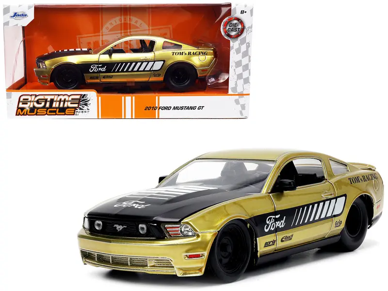 2010 Ford Mustang Gt Gold Metallic With Black Graphics And Hood "Tom's Racing" "Bigtime Muscle" Series 1/24 Diecast Model Car By Jada 1