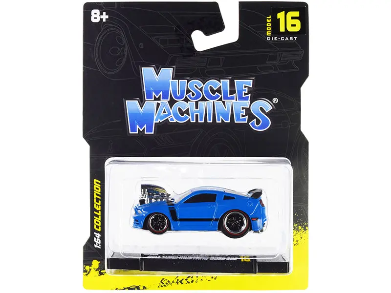 2013 Ford Mustang Boss 302 Light Blue With Black Stripes 1/64 Diecast Model Car By Muscle Machines 1