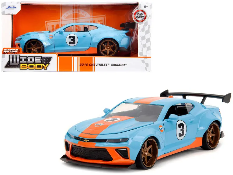 2016 Chevrolet Camaro Widebody #3 Light Blue With Orange Stripes "Gulf Oil" "Wide Body" Series 1/24 Diecast Model Car By Jada 1