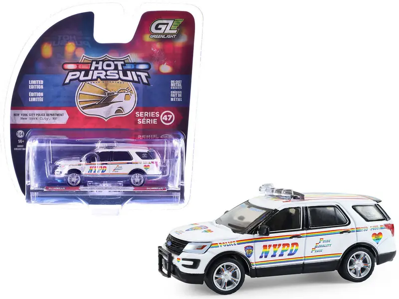 2016 Ford Police Interceptor Utility "New York Police Department (Nypd) Pride Livery" White With Rainbow Stripes "Hot Pursuit" Series 47 1/64 Diecast Model Car By Greenlight 1