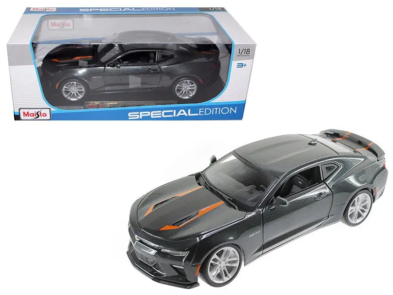 2017 Chevrolet Camaro Ss Gray Metallic With Orange Stripes "50Th Anniversary" "Special Edition" Series 1/18 Diecast Model Car By Maisto 1