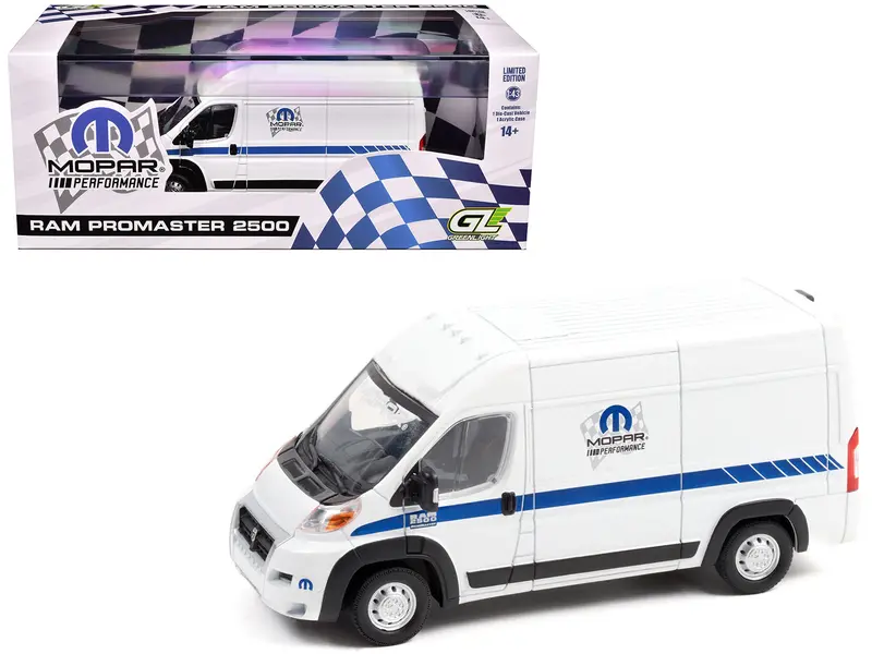 2018 Ram Promaster 2500 Cargo High Roof Van "Mopar Performance" White With Blue Stripes 1/43 Diecast Model Car By Greenlight 1