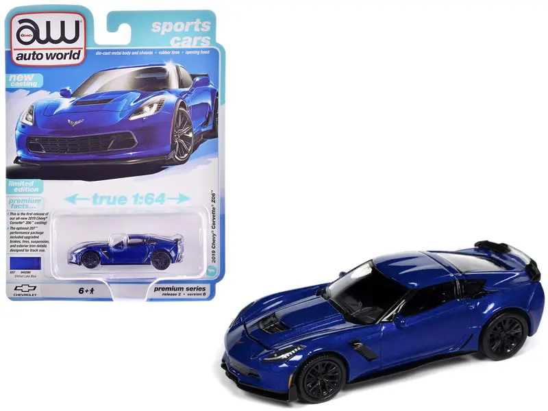 2019 Chevrolet Corvette Z06 Elkhart Lake Blue Metallic "Sports Cars" Series 1/64 Diecast Model Car By Auto World 1