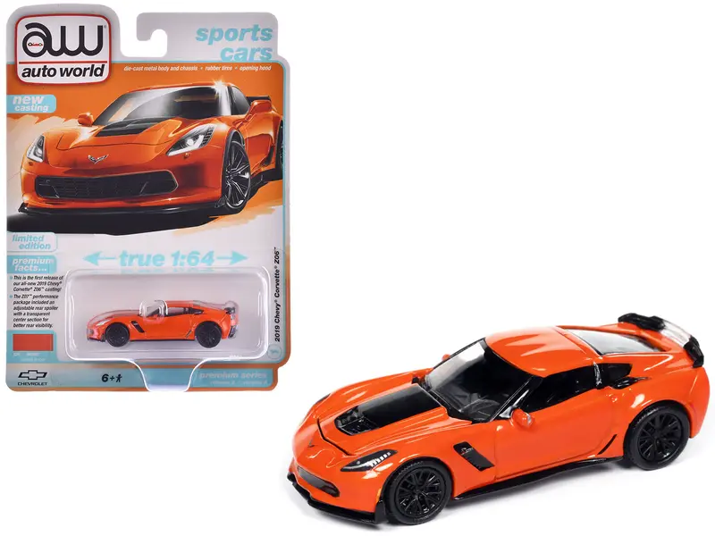 2019 Chevrolet Corvette Z06 Sebring Orange With Black Hood "Sports Cars" Series 1/64 Diecast Model Car By Auto World 1