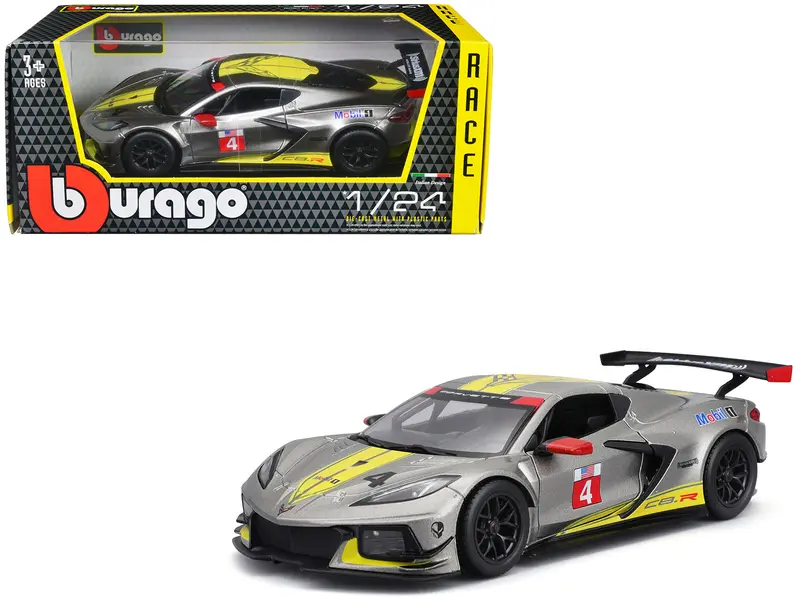 2020 Chevrolet Corvette C8.R #4 Silver Metallic With Yellow Stripes "Race" Series 1/24 Diecast Model Car By Bburago 1