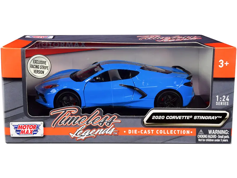 2020 Chevrolet Corvette C8 Stingray Blue With Silver Racing Stripes "Timeless Legends" 1/24 Diecast Model Car By Motormax 1