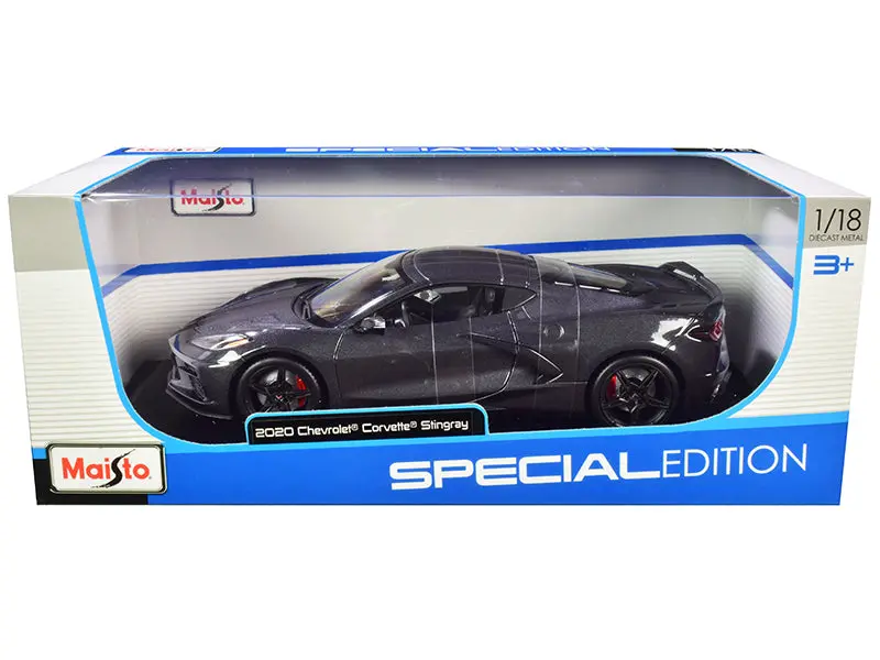 2020 Chevrolet Corvette Stingray C8 Dark Gray Metallic With Racing Stripes 1/18 Diecast Model Car By Maisto 1