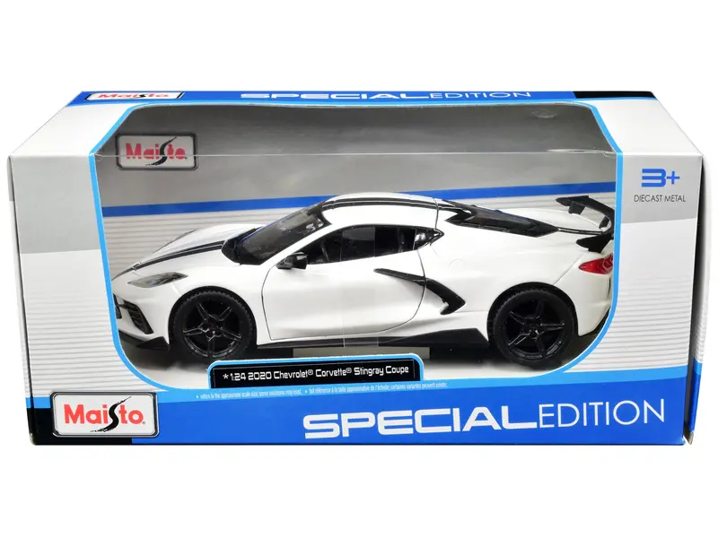 2020 Chevrolet Corvette Stingray Coupe White With Black Stripes "Special Edition" Series 1/24 Diecast Model Car By Maisto 1