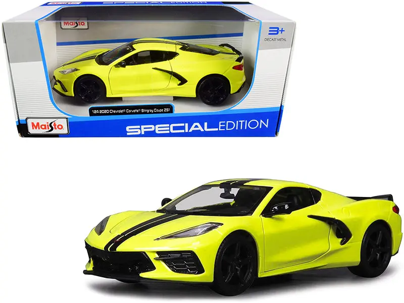 2020 Chevrolet Corvette Stingray Z51 Coupe Yellow With Black Stripes 1/24 Diecast Model Car By Maisto 1