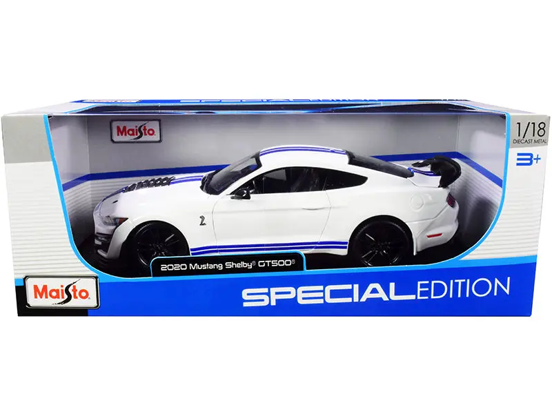 2020 Ford Mustang Shelby Gt500 White With Blue Stripes "Special Edition" 1/18 Diecast Model Car By Maisto 1