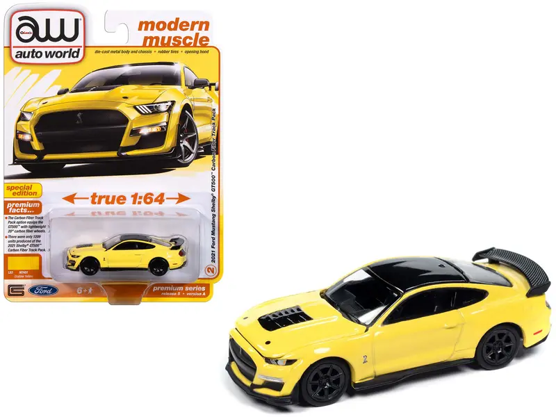 2021 Ford Mustang Shelby Gt500 Carbon Fiber Track Pack Grabber Yellow With Black Top "Modern Muscle" Series 1/64 Diecast Model Car By Auto World 1