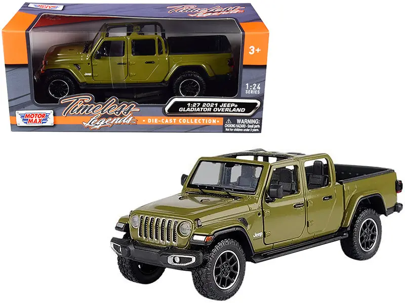 2021 Jeep Gladiator Overland (Open Top) Pickup Truck Matt Green 1/24-1/27 Diecast Model Car By Motormax 1