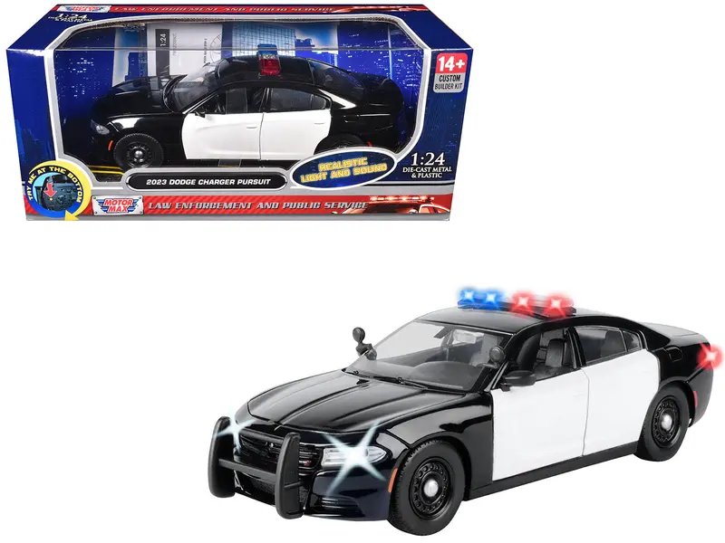 2023 Dodge Charger Pursuit Police Car Black And White With Flashing Light Bar Front And Rear Lights And 2 Sounds "Builder's Kit" 1/24 Diecast Model Car By Motormax 1