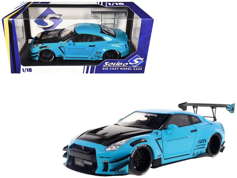 2023 Nissan Gt-R (R35) Liberty Walk Body Kit 2.0 Rhd (Right Hand Drive) Baby Blue With Carbon Hood 1/18 Diecast Model Car By Solido 1