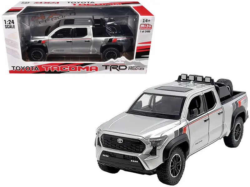 2024 Toyota Tacoma Trd Off Road Edition Pickup Truck Silver Metallic With Trd Stripes With Sunroof And Wheel Rack Limited Edition To 2400 Pieces Worldwide 1/24 Diecast Model Car 1