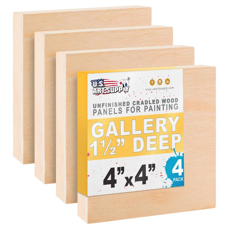 4X4 Inch Cradled Wood Panels For Painting, Gallery 1-1/2" Deep (4 Pack) - Artist Depth Wooden Wall Canvases - Mixed-Media Craft, Acrylic, Oil, Encaustic, Paint Pouring 1
