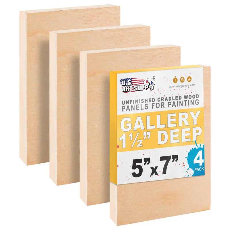 5" X 7" Unfinished Cradled Wood Panels For Painting, Gallery 1-1/2" Deep (4 Pack) - Artist Depth Wooden Wall Canvases - Mixed-Media Craft, Acrylic, Oil, Encaustic, Paint Pouring 1
