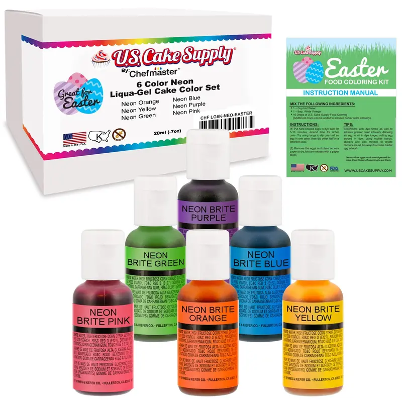 6 Color Neon Cake Food Coloring Liqua-Gel Easter Egg Decorating Baking Set - U.S. Cake Supply .75 Fl. Oz. (20Ml) Bottles 1