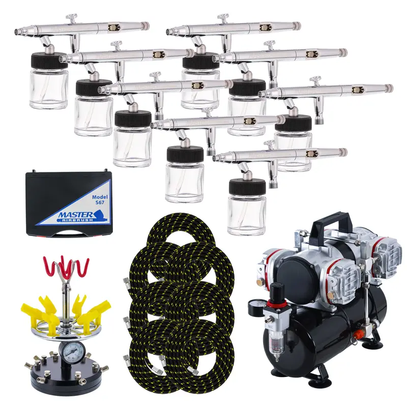 8 Hi-Flow All-Purpose Precision Dual-Action Siphon Feed Airbrushing System With Model Tc-848 4 Cylinder Piston Air Compressor With Air Storage Tank 1