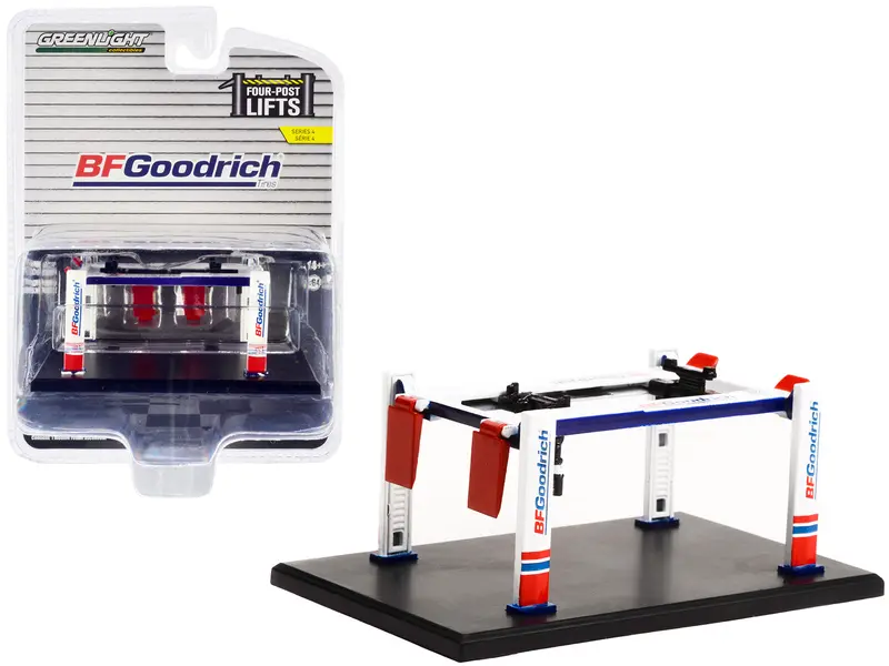 Adjustable Four-Post Lift "Bfgoodrich" White And Red "Four-Post Lifts" "Four-Post Lifts" Series 4 1/64 Diecast Model By Greenlight 1