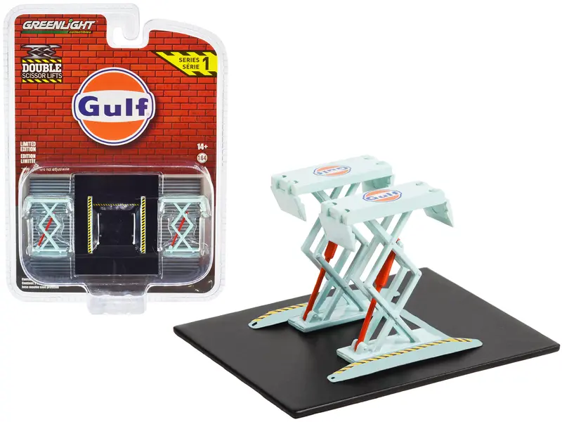 Automotive Double Scissor Lift "Gulf Oil" Light Blue "Double Scissor Lifts" Series 1 1/64 Diecast Model By Greenlight 1